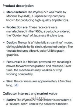 VINTAGE 1950s WYNN'S 777 FRICTION TOY RACE CAR TRADEMARK MADE IN JAPAN 8 NEW
