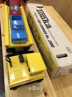 VINTAGE 1960'S TONKA MIGHTY CAR CARRIER & 3 Jeep Vehicles, & Box Included