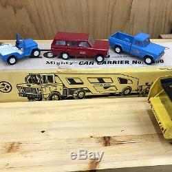 VINTAGE 1960'S TONKA MIGHTY CAR CARRIER & 3 Jeep Vehicles, & Box Included