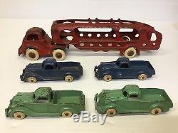 Vintage Hubley Streamline Car Carrier +4 Trucks Original Cast-iron Arcade Kenton