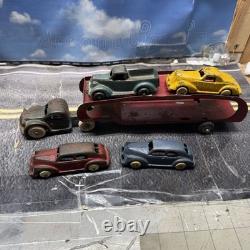VINTAGE LARGE ARCADE CAST IRON CAR CARRIER / HAULER with 4 ARCADE VEHICLES