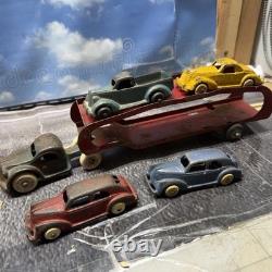 VINTAGE LARGE ARCADE CAST IRON CAR CARRIER / HAULER with 4 ARCADE VEHICLES