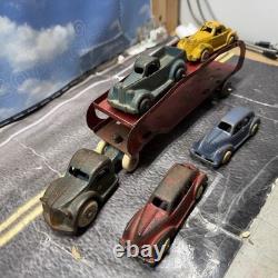 VINTAGE LARGE ARCADE CAST IRON CAR CARRIER / HAULER with 4 ARCADE VEHICLES