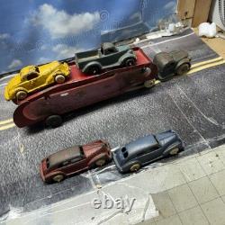 VINTAGE LARGE ARCADE CAST IRON CAR CARRIER / HAULER with 4 ARCADE VEHICLES