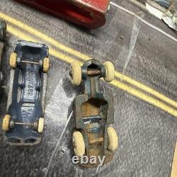 VINTAGE LARGE ARCADE CAST IRON CAR CARRIER / HAULER with 4 ARCADE VEHICLES