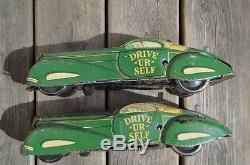 VINTAGE LOT OF 2 MARX TIN WIND UP DRIVE UR SELF TOY CAR LICENSE PLATE COLLECTOR