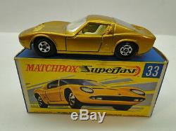 VINTAGE MATCHBOX LESNEY SUPERFAST LAMBORGHINI MIURA #33 GOLD w BOX TOY CAR