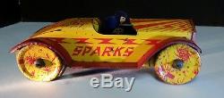 VINTAGE TOY 1920s MARX SPARKS TIN WIND UP RACE CAR WITH DRIVER 8 1/2