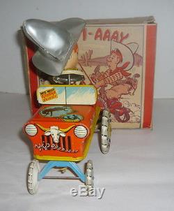 VTG. 1930'S WINDUP UNIQUE ART COWBOY RODEO JOE CRAZY CAR TIN TOY WithORIGINAL BOX