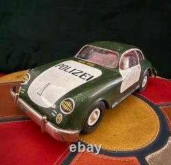 VTG 1960s Green Joustra Porsche 356B Polizei Police Car Tin Friction Toy WORKS