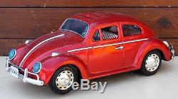 Vintage 14 Bandai Red Volkswagen Beetle Tin Toy Car With Visible Motor Japan