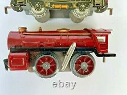 Vintage 1920-30s IVES Wind up Train Red Engine & 3 Passenger Cars set, USA, Works