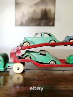 Vintage 1930's Arcade Cast Iron Car Carrier / Hauler Truck with 4 Cars