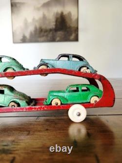 Vintage 1930's Arcade Cast Iron Car Carrier / Hauler Truck with 4 Cars