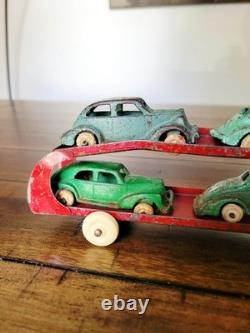 Vintage 1930's Arcade Cast Iron Car Carrier / Hauler Truck with 4 Cars