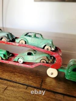 Vintage 1930's Arcade Cast Iron Car Carrier / Hauler Truck with 4 Cars