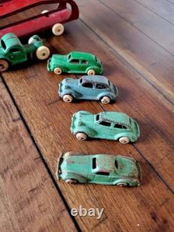 Vintage 1930's Arcade Cast Iron Car Carrier / Hauler Truck with 4 Cars