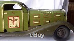 Vintage 1930's Marx Military Ambulance Siren Car 14 metal toy MD War Dept green