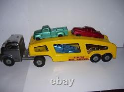 Vintage 1950's STRUCTO Toys Auto Transport Metal Hauler w Four Cars NICE FIND