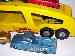 Vintage 1950's STRUCTO Toys Auto Transport Metal Hauler w Four Cars NICE FIND