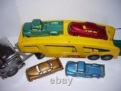 Vintage 1950's STRUCTO Toys Auto Transport Metal Hauler w Four Cars NICE FIND