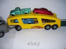 Vintage 1950's STRUCTO Toys Auto Transport Metal Hauler w Four Cars NICE FIND