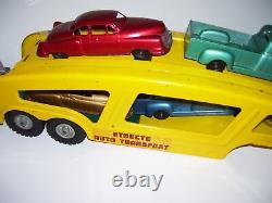 Vintage 1950's STRUCTO Toys Auto Transport Metal Hauler w Four Cars NICE FIND