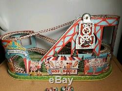 Vintage 1950s J. Chein Roller Coaster Mechanical Tin Windup Toy with 2 Cars
