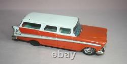 Vintage 1957 Bandai Plymouth Station Wagon Toy Tin Friction Car Orange White