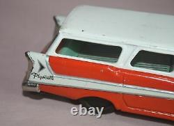 Vintage 1957 Bandai Plymouth Station Wagon Toy Tin Friction Car Orange White