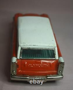 Vintage 1957 Bandai Plymouth Station Wagon Toy Tin Friction Car Orange White