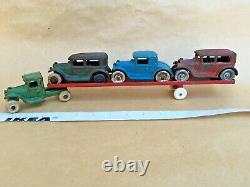 Vintage Arcade Cast Iron Car Hauler & Model A Cars