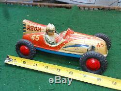 Vintage BIG 8 Inch 1950s Japan Yonezawa SAN ATOM Racer Tin Toy Race Car
