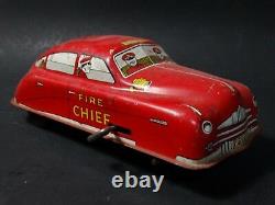 Vintage Courtland Fire Chief Car Tin Litho Key Wind Friction Toy All Red Version