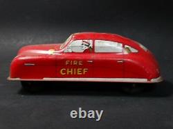 Vintage Courtland Fire Chief Car Tin Litho Key Wind Friction Toy All Red Version