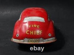 Vintage Courtland Fire Chief Car Tin Litho Key Wind Friction Toy All Red Version