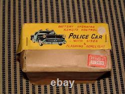 Vintage, Fully Tin & Fully Working Teathered Remote Control Police Car In Box