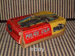 Vintage, Fully Tin & Fully Working Teathered Remote Control Police Car In Box
