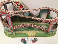 Vintage J. Chein Wind-Up Roller Coaster Tin Litho With2 Cars, EXCEPTIONAL