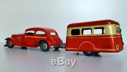 Vintage Joustra tinplate Car & Caravan Clockwork Litho tin toy France 1952 RARE