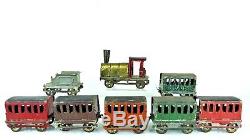 Vintage Late 1800's French Tin Floor Train 8 Car Set 29 Long