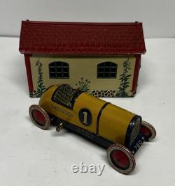 Vintage Lehmann 760 Mechanical Metal Tin Racing Car Toy With Garage Germany