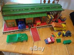 Vintage Marx Toy Trucking Station with Trucks, Carts, Cargo, Train Cars Metal