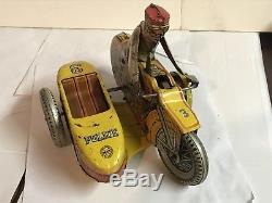 Vintage Marx Toys Wind Up Police Motorcycle With Side Car with Original Wind Key