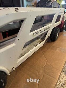 Vintage Mighty Tonka Car Carrier Red White Pressed Steel Toy Truck 31 vtg metal