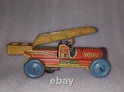 Vintage Original Tinplate Toy Car Winding Fire Engine Yamada Japan 1950 Rare #
