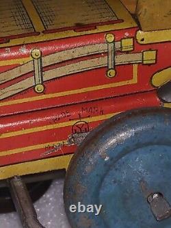 Vintage Original Tinplate Toy Car Winding Fire Engine Yamada Japan 1950 Rare #