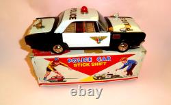 Vintage POLICE CAR STICK SHIFT TIN LITHO B/O by T. N NOMURA JAPAN Boxed 1960's