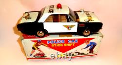 Vintage POLICE CAR STICK SHIFT TIN LITHO B/O by T. N NOMURA JAPAN Boxed 1960's