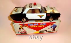 Vintage POLICE CAR STICK SHIFT TIN LITHO B/O by T. N NOMURA JAPAN Boxed 1960's
